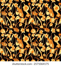 floral seamless patterns. Meadow plants, leaves, leaf and flowers. All over print. Botanical collage in modern flat style. Floral silhouettes. black and white print. Floral drawings collection.