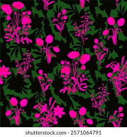 floral seamless patterns. Meadow plants, leaves, leaf and flowers. All over print. Botanical collage in modern flat style. Floral silhouettes. black and white print. Floral drawings collection.
