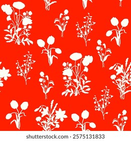 floral seamless patterns. Meadow plants, leaves, leaf and flowers. All over print. Botanical collage in modern flat style. Floral silhouettes. black and white print. Floral drawings collection.
