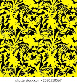 floral seamless patterns. Meadow plants, leaves, leaf and flowers. All over print. Botanical collage in modern flat style. Floral silhouettes. black and white print. Floral drawings collection.