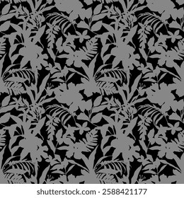 floral seamless patterns. Meadow plants, leaves, leaf and flowers. All over print. Botanical collage in modern flat style. Floral silhouettes. black and white print. Floral drawings collection.