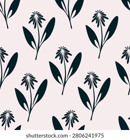 Floral seamless patterns. Meadow plants, leaves, leaf and flowers. All over print. modern flat style. Floral abstract silhouettes.