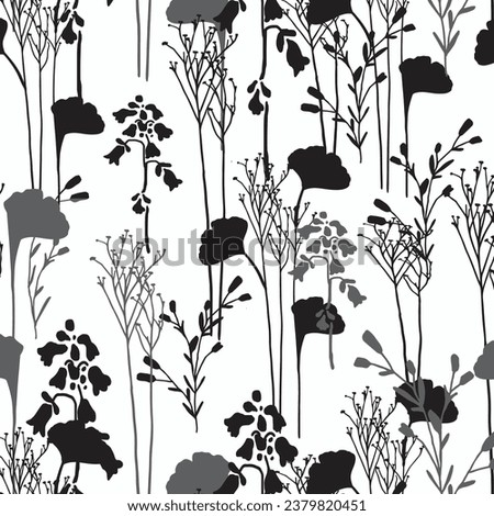floral seamless patterns. Meadow plants, leaves, leaf and flowers. All over print. Botanical collage in modern flat style. Floral silhouettes. black and white print.