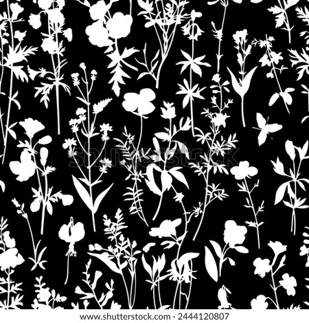 Floral seamless patterns. Meadow plants, leaves, leaf and flowers. All over print. Botanical collage in modern flat style. Floral silhouettes. black and white print.