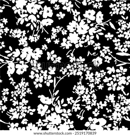 floral seamless patterns. Meadow plants, leaves, leaf and flowers. All over print. Botanical collage in modern flat style. Floral silhouettes. black and white print. Floral drawings collection.