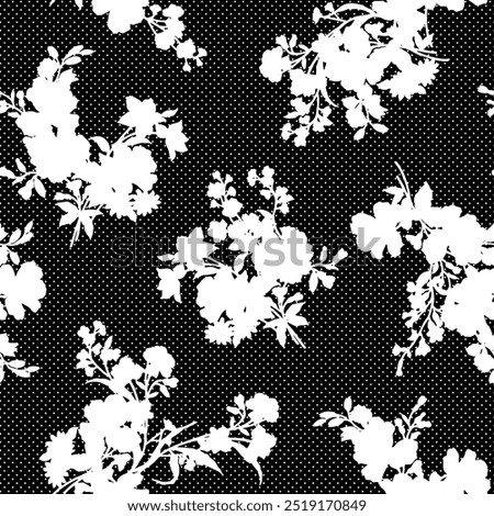 floral seamless patterns. Meadow plants, leaves, leaf and flowers. All over print. Botanical collage in modern flat style. Floral silhouettes. black and white print. Floral drawings collection.