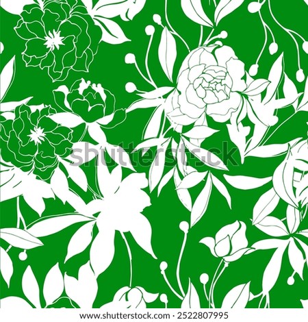 floral seamless patterns. Meadow plants, leaves, leaf and flowers. All over print. Botanical collage in modern flat style. Floral silhouettes. green and white print. Floral drawings collection.