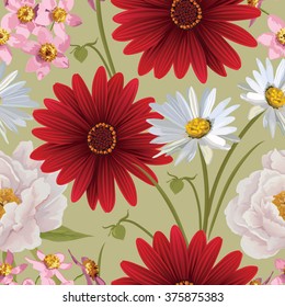 Floral seamless patterns with peony, gerbera and other flowers. Flower vector background. EPS 10 vector.