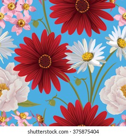 Floral seamless patterns with peony, gerbera and other flowers. Flower vector background. EPS 10 vector.