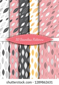 Floral seamless patterns with pink, monochrome, golden leaves. Doodle tree leaves. Vector.