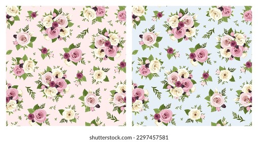 Floral seamless patterns with pink, purple, and white roses and lisianthus flowers and blackberries on pink and blue backgrounds. Set of vector floral ornaments