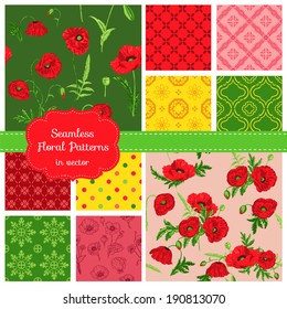  Floral Seamless Patterns - Poppy Theme - in vector
