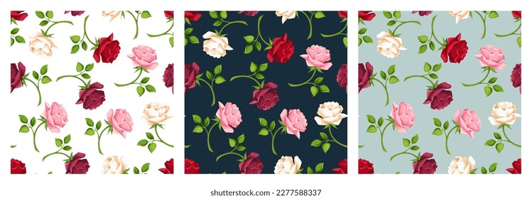 Florales sin costura, con flores rojas rojas, rosas, burdeos y blancas sobre fondo blanco, azul oscuro y celadón. Conjunto de fondos vectoriales sin soldadura