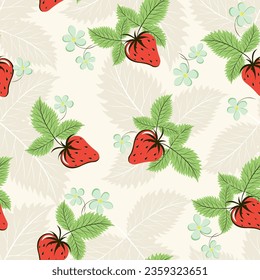 Floral seamless patterns with red Strawberry and green leaves on light background. Vector abstract design for paper, cover, fabric,tiled printing, cuisine,interior decor and other use