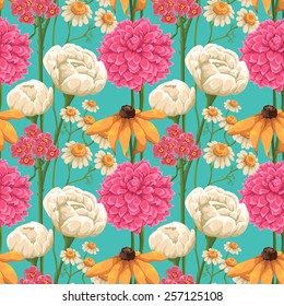 Floral seamless patterns with roses, chamomiles and other flowers