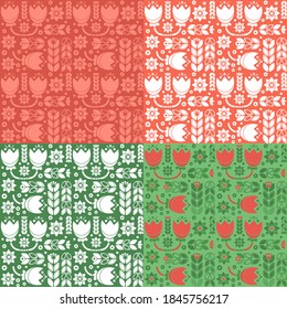 Floral seamless patterns set. Bicolor green and pink backdrops in different variations. Geometric herbal repeated ornament. Monochrome tile. Modern design element.