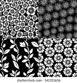 Floral seamless patterns set in black and white, vector
