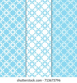 Floral seamless patterns. Set of blue and white vertical backgrounds for fabrics and wallpapers
