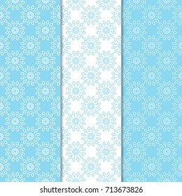 Floral seamless patterns. Set of blue and white vertical backgrounds for fabrics and wallpapers