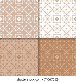 Floral seamless patterns. Set of brown white abstract flower designs for fabrics and wallpapers. Vector illustration