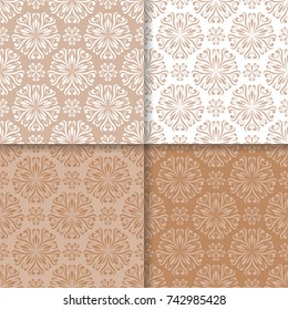 Floral seamless patterns. Set of brown white abstract flower designs for fabrics and wallpapers. Vector illustration