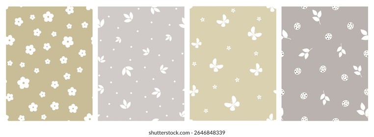 Floral seamless patterns set, collection. White silhouettes of flowers, leaves, butterfly, ladybug on a beige background. Seamless pattern under clipping mask, convenient for editing. 