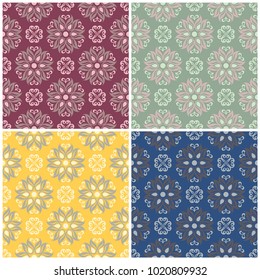 Floral seamless patterns. Set of colored backgrounds with flower elements, for textile and wallpapers