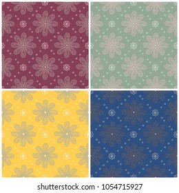 Floral seamless patterns. Set of colored backgrounds with flower elements, for textile and wallpapers