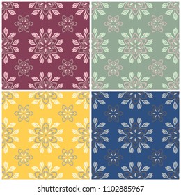 Floral seamless patterns. Set of colored backgrounds with flower elements, for textile and wallpapers