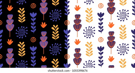 Floral seamless patterns set with colorful hand drawn flowers, tropical plants. Vector illustration. Modern textile print.