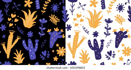 Floral seamless patterns set with colorful hand drawn wild cactus flowers, tropical succulent plants. Vector illustration. Modern textile print, scandinavian style.