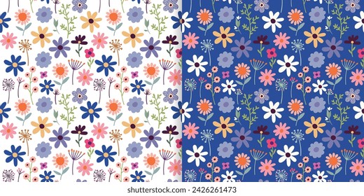 Floral seamless patterns set with different flowers in bloom, decorative wallpaper, seasonal background