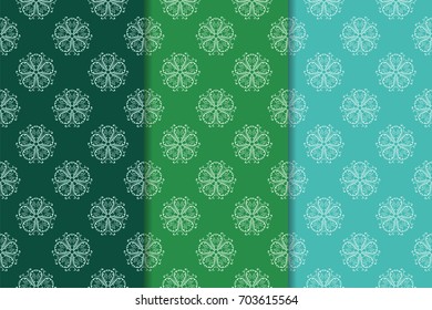 Floral seamless patterns. Set of green abstract flower designs for fabrics and wallpapers. Vector illustration