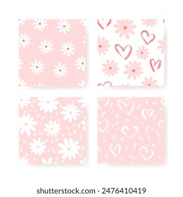 Conjunto de patrones sin costuras florales. Flores y corazones grunge románticos dibujados a mano con textura de cepillo seco.