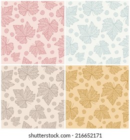Floral seamless patterns set, isolated autumn leaves in graphic style, vector illustration