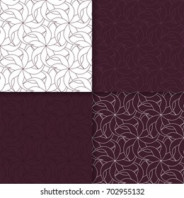 Floral seamless patterns. Set of maroon abstract flower designs for fabrics and wallpapers. Vector illustration