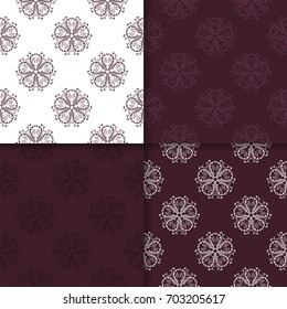 Floral seamless patterns. Set of maroon abstract flower designs for fabrics and wallpapers. Vector illustration