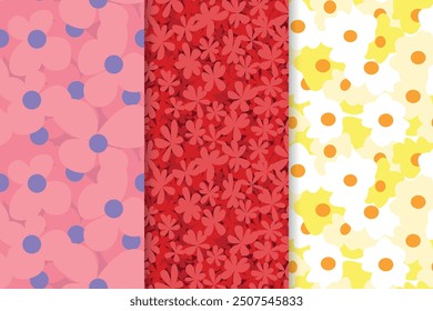 Conjunto de patrones florales sin costuras. Plantas de prado, margaritas y flores de campo sin costura patrones conjunto de Vector