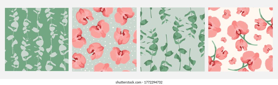 Se han establecido patrones florales sin costura. Orquídea y eucalipto. Diseño vectorial para textiles, tejidos, papel, interiores y otros.