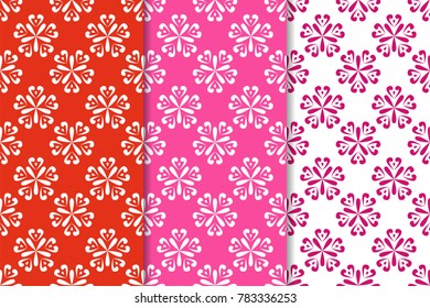 Floral seamless patterns. Set of red abstract flower designs for fabrics and wallpapers. Vector illustration