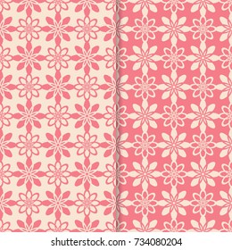 Floral seamless patterns. Set of salmon pink vertical backgrounds for fabrics and wallpapers