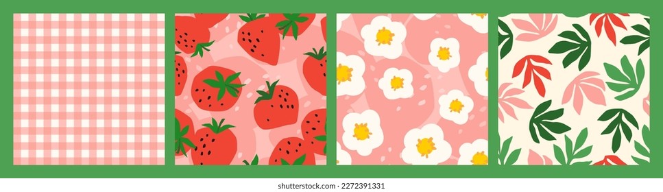 Floral seamless patterns with Strawberry. Vector abstract design for paper, cover, fabric, interior decor and other use