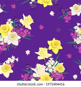 Floral seamless patterns. Vector design for paper, cover, fabric, interior decor and other users. Illustration with yellow daffodils, white and pink hyacinths. Spring flowers on a purple background.