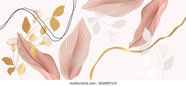 Floral seamless pink with golden begonia plant with vines on white background, pastel vintage theme