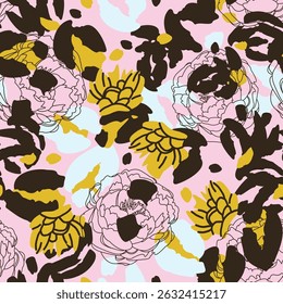 Floral seamless pink pattern with different abstract flowers. Vector background, design, print