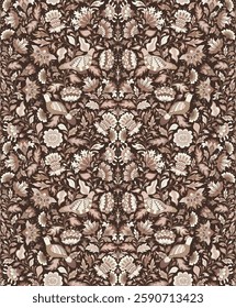 Floral seamless plant background with decorative flowers and birds