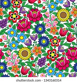 Floral seamless Polish folk art vector pattern - traditional design with flowers and leaves from Zalipie in Poland.

Retro folk composition inspired by traditional patterns from Poland - textile