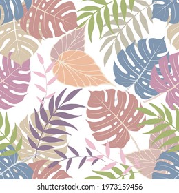 Floral seamless print. Tropical blue leaves on a white background. Vector design in pastel colors.