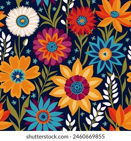 Floral Seamless Random Pattern with Coloful Fantasy Flowers in Bohemian style, Vibrant Background, Great for Textiles, Surfaces, Wallpapers, Wrapping Paper, Fabrics, Decor Ornament.