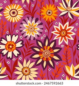 Floral Seamless Random Pattern with Fantasy Flowers in Bohemian style in Magenta, Yellow, White, Purple, Orange, Red Colors, Great for Textiles, Surfaces, Wallpapers, Wrapping Papers, Fabrics, Prints.
